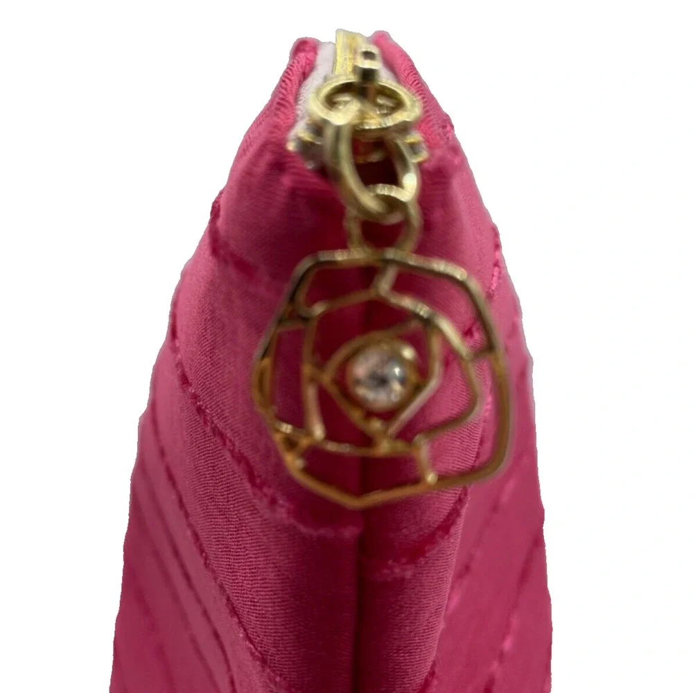 Lancome Pink Striped Makeup Bag with Rhinestore Rose Zipper Charm